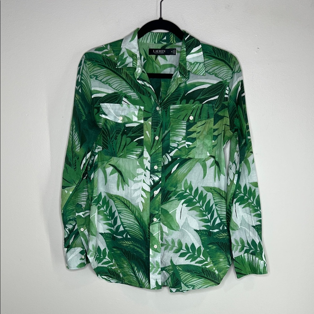 Lauren Ralph Lauren Palm Frond Print Cotton Voile Button Down Shirt size Medium - Picture 2 of 11